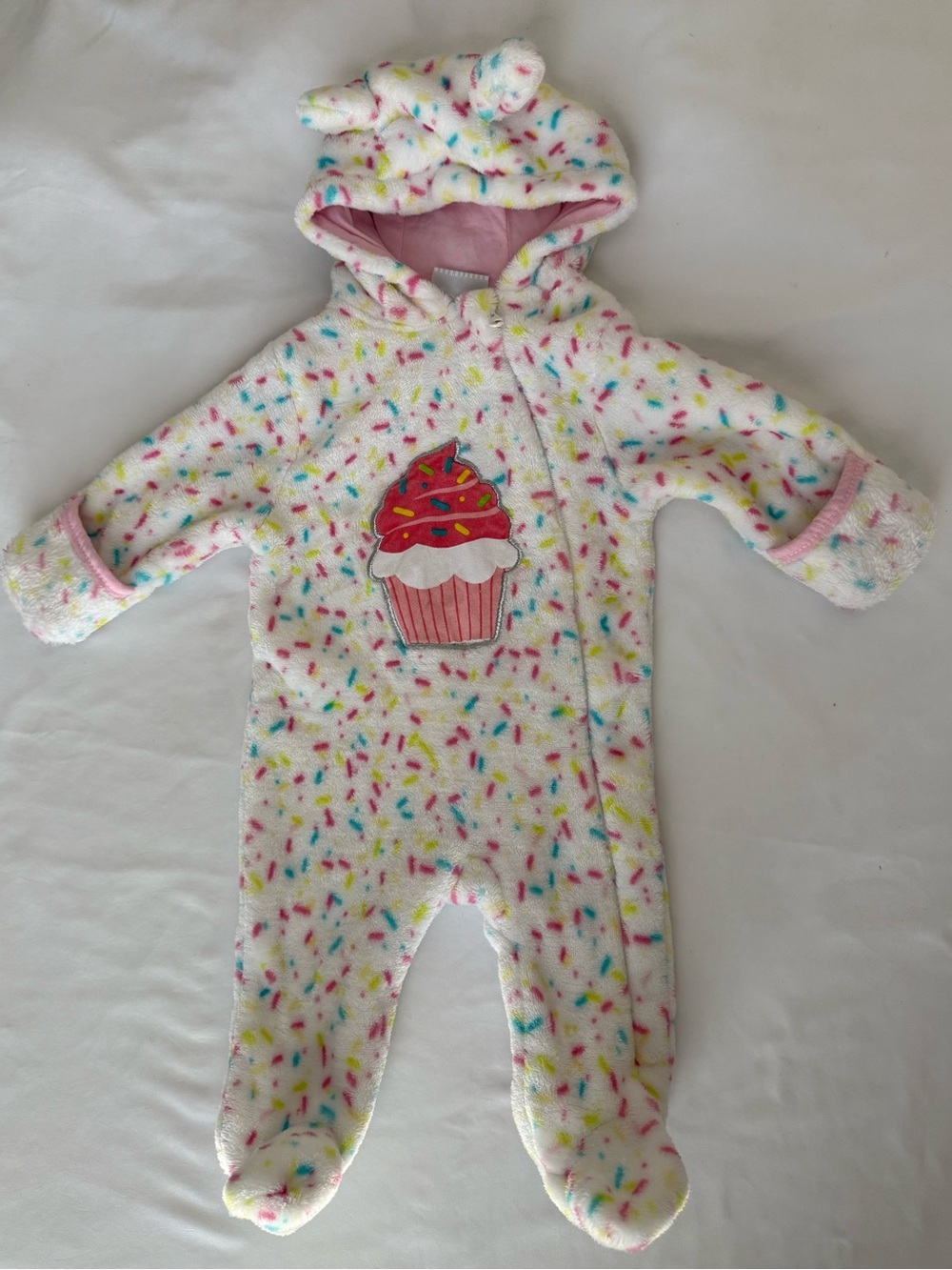 Infant White Sprinkle Cupcake Hooded Footed One-Piece